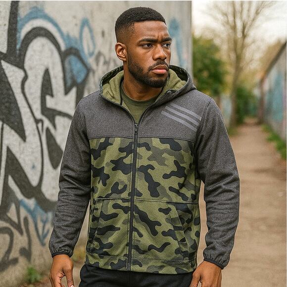 Adidas Camo Zip Hoodie Jacket Mens Size M Green Gray Performance Fleece Lined - Picture 1 of 14